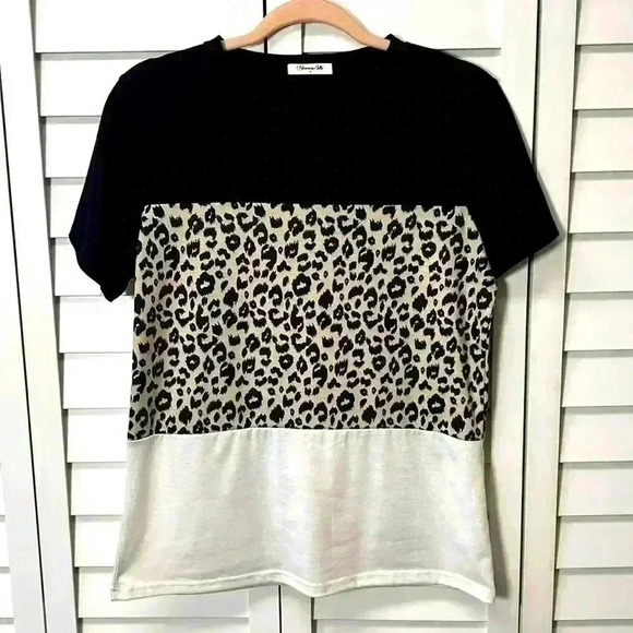 Blooming Jelly Tops - Blooming Jelly Colorblock Leopard Print Casual Short Sleeve Top Size Small